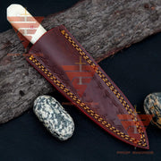 Personalized Hand-Forged Damascus Steel Hunting Skinner Knife with Camel Bone Handle and Leather Sheath - Collector's Edition