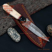 Personalized Hand-Forged Damascus Steel Hunting Skinner Knife with Camel Bone Handle and Leather Sheath - Collector's Edition