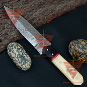 Personalized Hand-Forged Damascus Steel Hunting Skinner Knife with Camel Bone Handle and Leather Sheath - Collector's Edition
