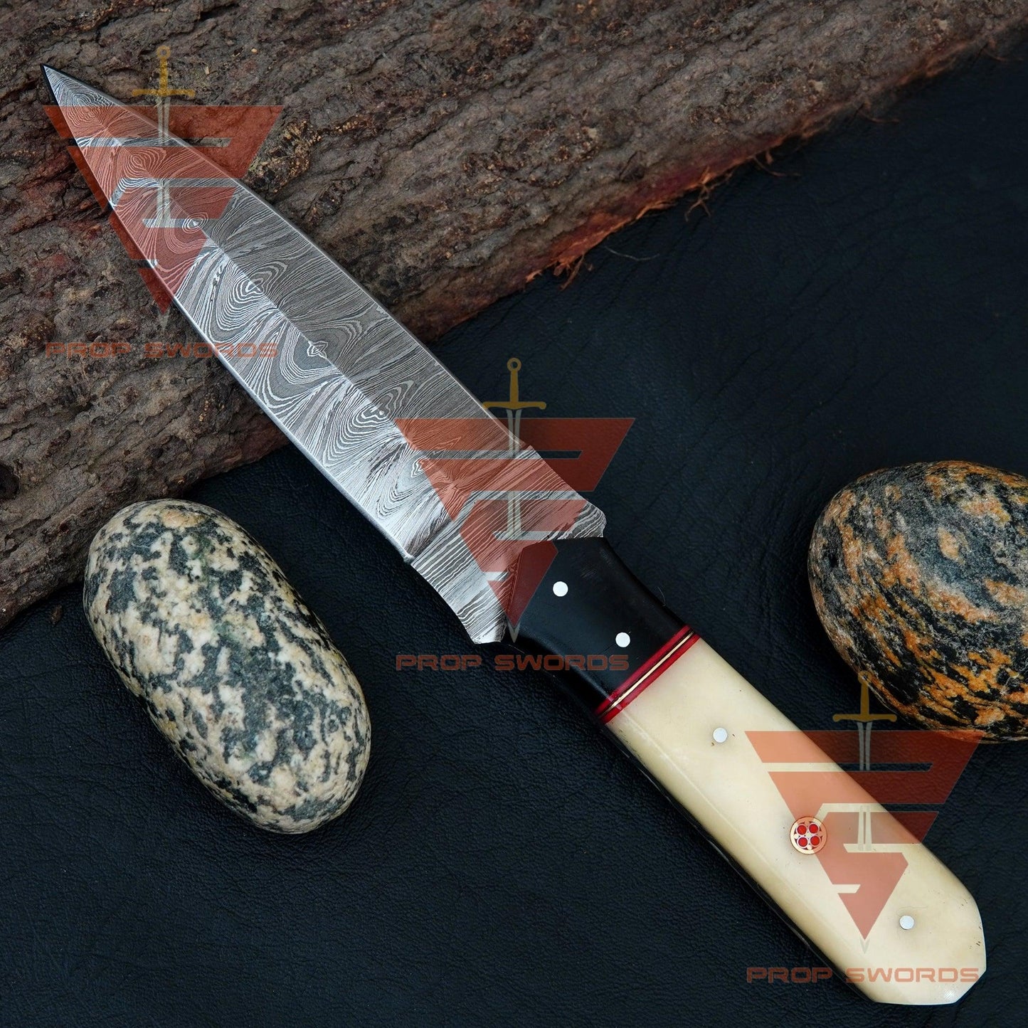 Personalized Hand-Forged Damascus Steel Hunting Skinner Knife with Camel Bone Handle and Leather Sheath - Collector's Edition - propswords