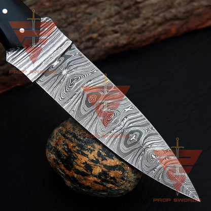 Personalized Hand-Forged Damascus Steel Hunting Skinner Knife with Camel Bone Handle and Leather Sheath - Collector's Edition - propswords