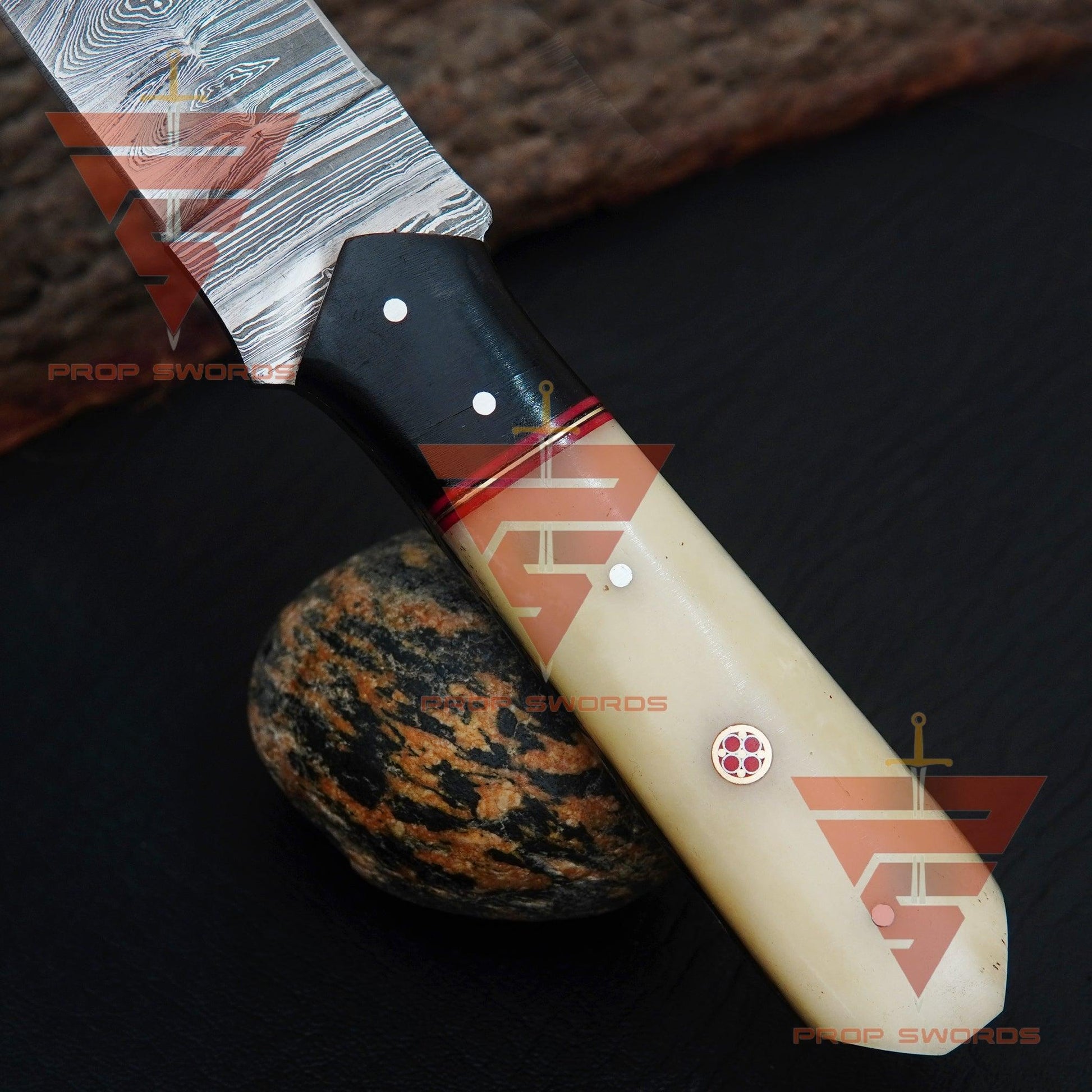 Personalized Hand-Forged Damascus Steel Hunting Skinner Knife with Camel Bone Handle and Leather Sheath - Collector's Edition - propswords