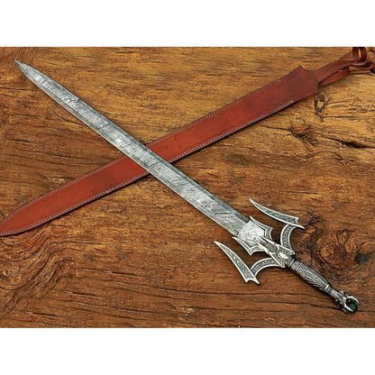 Damascus steel medieval barbarian sword with a patterned blade and sturdy hilt, displayed to emphasize its rugged, battle-ready design.