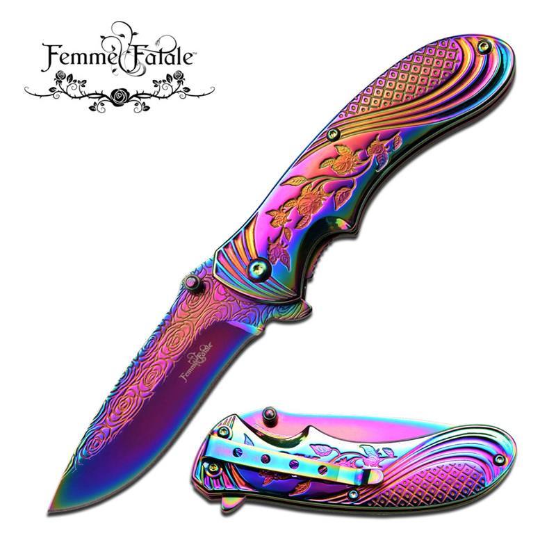 4 Inch Handle Rainbow Titanium Spring Assisted Folding Pocket Knife - propswords