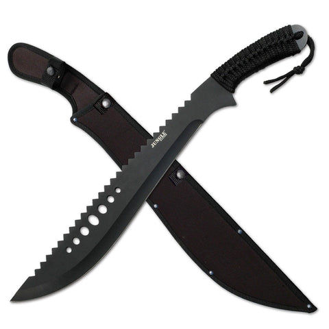 Full Tang Sawback Black Tactical Machete With Sheath - propswords