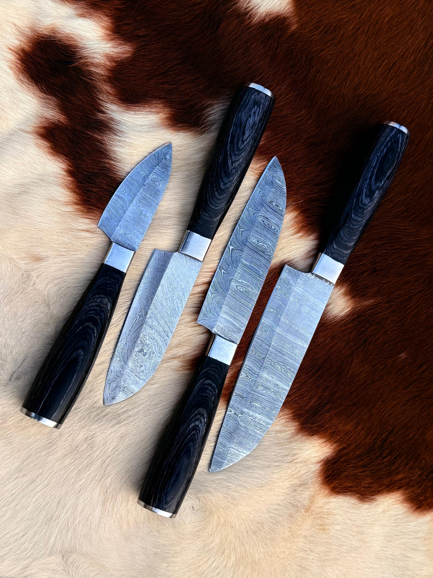 4pcs Hand Forged Damascus Steel Rat-Tail Chef’s Kitchen Knife with Leather Roll Bag