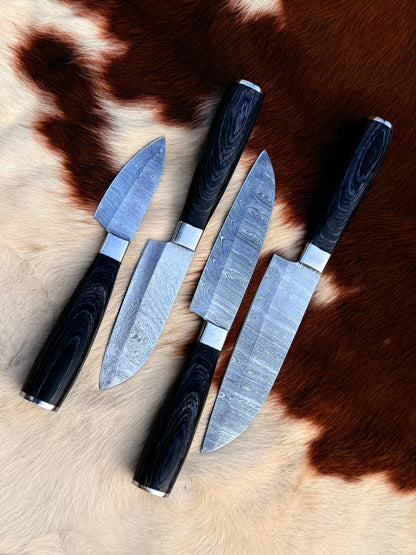 4pcs Hand Forged Damascus Steel Rat-Tail Chef’s Kitchen Knife with Leather Roll Bag