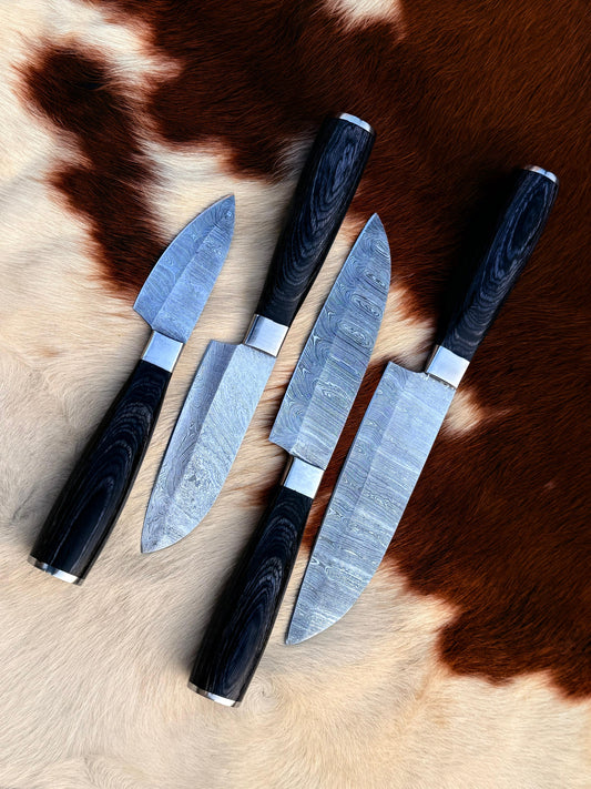 4pcs Hand Forged Damascus Steel Rat-Tail Chef’s Kitchen Knife with Leather Roll Bag