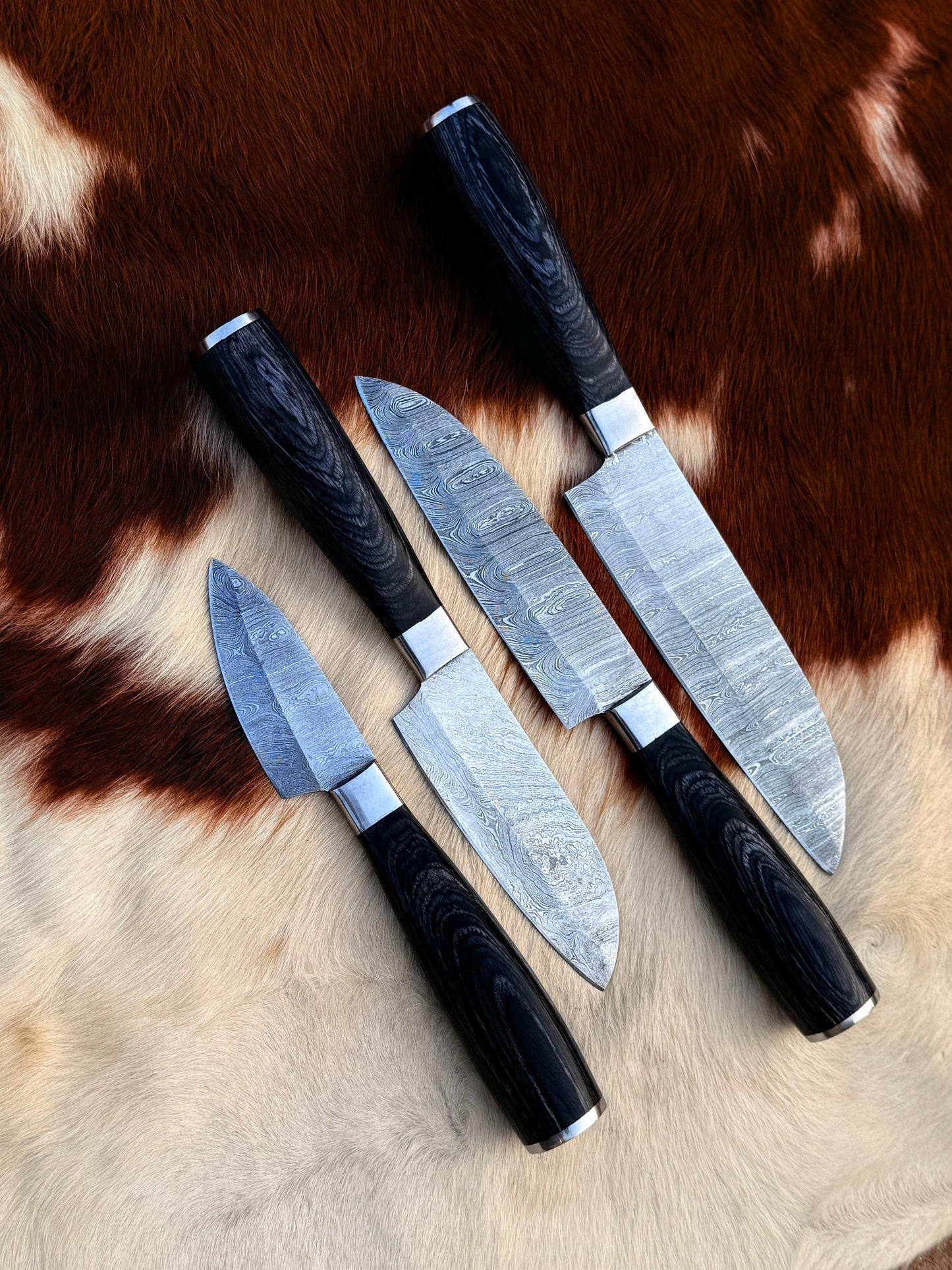 4pcs Hand Forged Damascus Steel Rat-Tail Chef’s Kitchen Knife with Leather Roll Bag