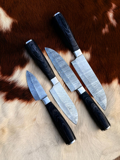 4pcs Hand Forged Damascus Steel Rat-Tail Chef’s Kitchen Knife with Leather Roll Bag