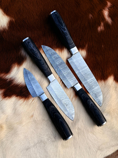 4pcs Hand Forged Damascus Steel Rat-Tail Chef’s Kitchen Knife with Leather Roll Bag