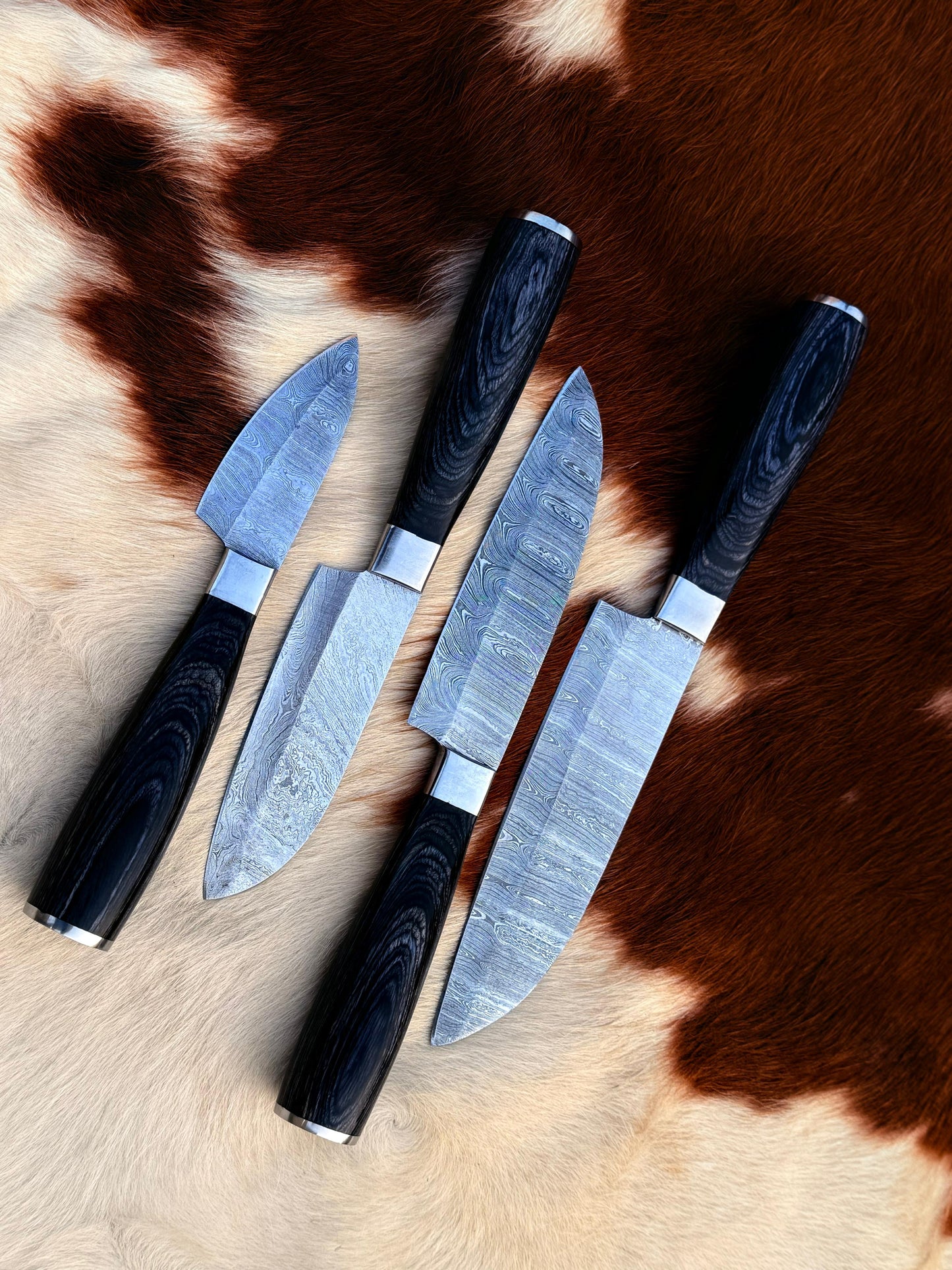 4pcs Hand Forged Damascus Steel Rat-Tail Chef’s Kitchen Knife with Leather Roll Bag