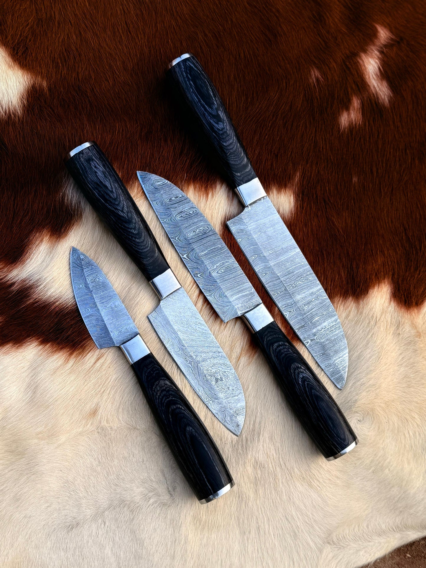 4pcs Hand Forged Damascus Steel Rat-Tail Chef’s Kitchen Knife with Leather Roll Bag