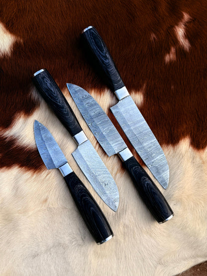 4pcs Hand Forged Damascus Steel Rat-Tail Chef’s Kitchen Knife with Leather Roll Bag