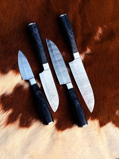 4pcs Hand Forged Damascus Steel Rat-Tail Chef’s Kitchen Knife with Leather Roll Bag