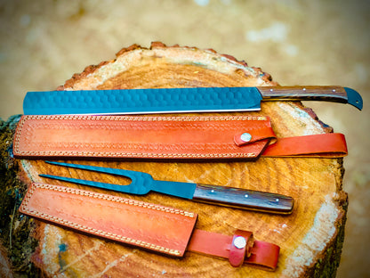 High Carbon Steel Full Tang Chef’s Kitchen Knife Fillet Knife & Carving Knife with Fork Included Leather Sheath