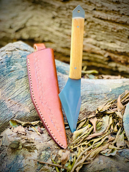 Handmade Stainless Steel Full Tang Olive Wood Kiridashi Knife With Leather Sheath