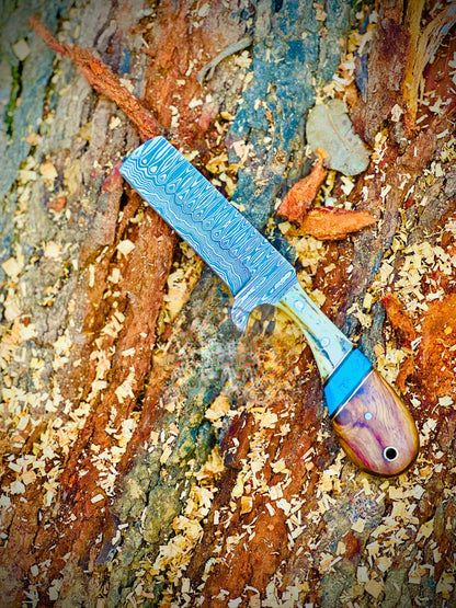 Hand Forged Damascus steel Full Tang Bull Cutter Knife With Leather Sheath