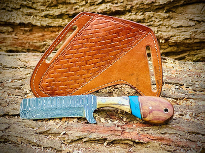 Hand Forged Damascus steel Full Tang Bull Cutter Knife With Leather Sheath