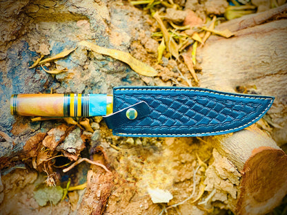 Hand Forged Damascus Steel Bowie Hunting Knife with Leather Sheath