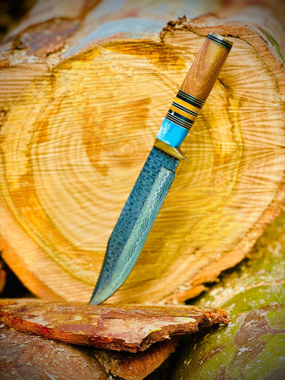 Hand Forged Damascus Steel Bowie Hunting Knife with Leather Sheath