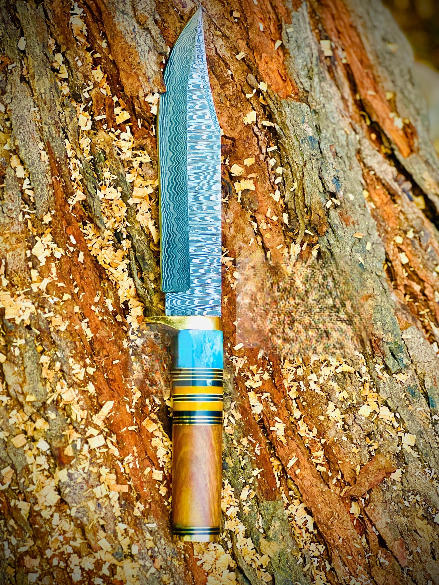 Hand Forged Damascus Steel Bowie Hunting Knife with Leather Sheath