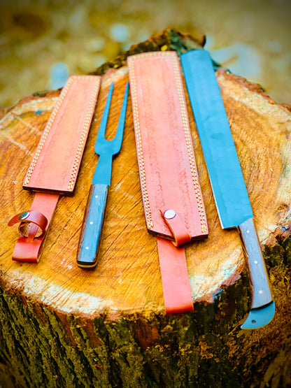 High Carbon Steel Full Tang Chef’s Kitchen Knife Fillet Knife & Carving Knife with Fork Included Leather Sheath