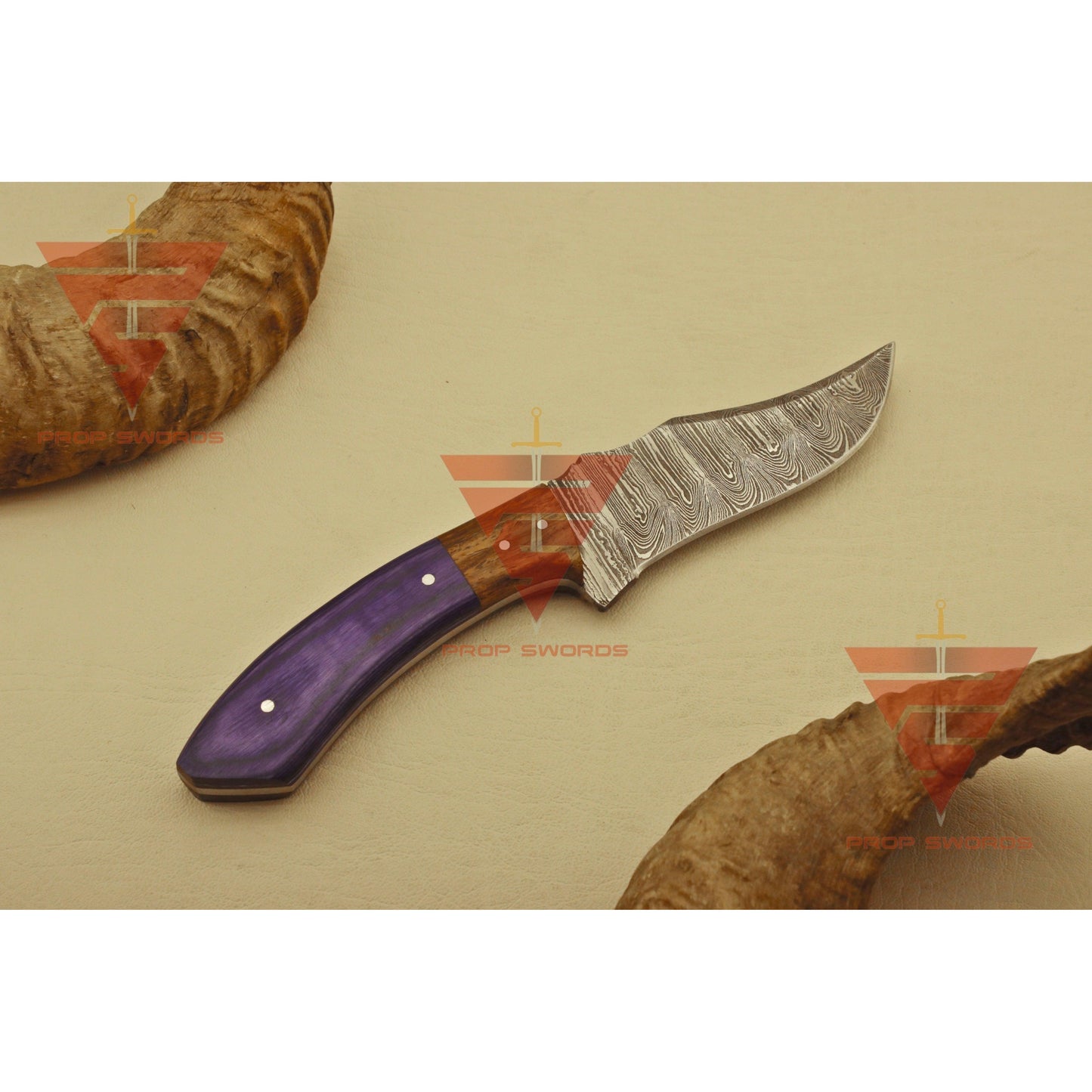 Artisan Damascus Steel Hunting Knife - Exquisite Wood Handgrip - Perfect Present for Him - Complete with Genuine Leather Sheath - propswords