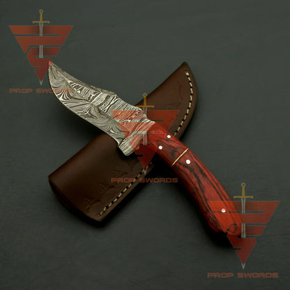 Exquisite Damascus Steel Hunting Knife with Rosewood Handle and Leather Sheath: A Timeless Masterpiece - propswords