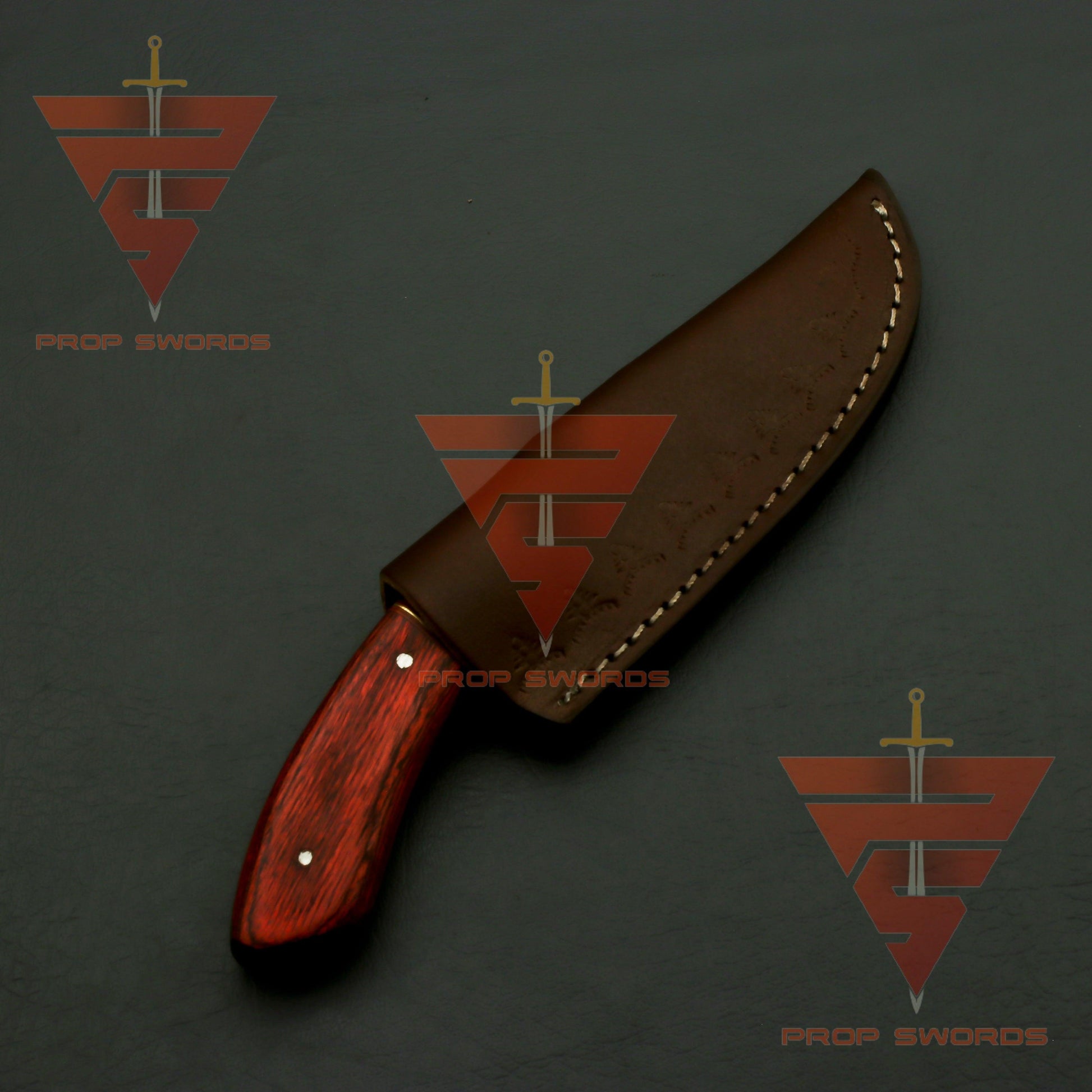 Exquisite Damascus Steel Hunting Knife with Rosewood Handle and Leather Sheath: A Timeless Masterpiece - propswords