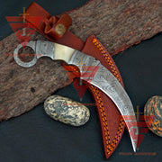 Full Damascus Handcrafted Tactical Karambit Knife with Leather Sheath - propswords