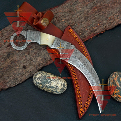 Full Damascus Handcrafted Tactical Karambit Knife with Leather Sheath - propswords