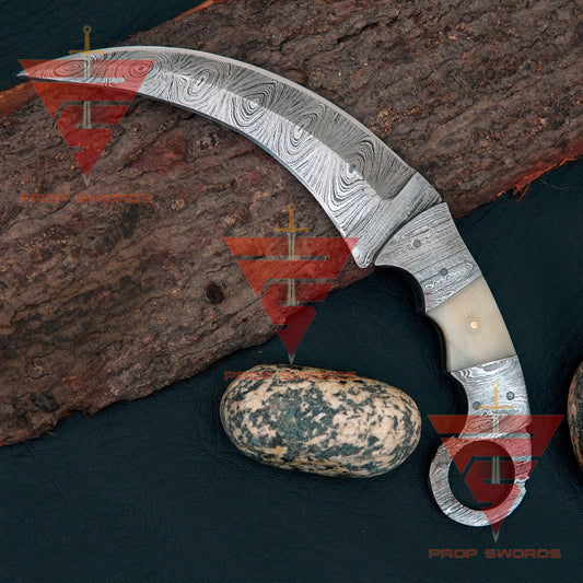 Full Damascus Handcrafted Tactical Karambit Knife with Leather Sheath - propswords
