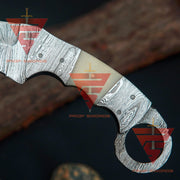 Full Damascus Handcrafted Tactical Karambit Knife with Leather Sheath - propswords
