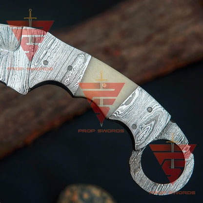 Full Damascus Handcrafted Tactical Karambit Knife with Leather Sheath - propswords