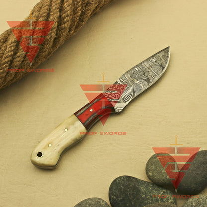 Handmade Damascus Steel Skinner Camping Hunting Knife with Beautiful Handle Design - Ideal Personalized Gift for Him, Complete with Sheath - propswords
