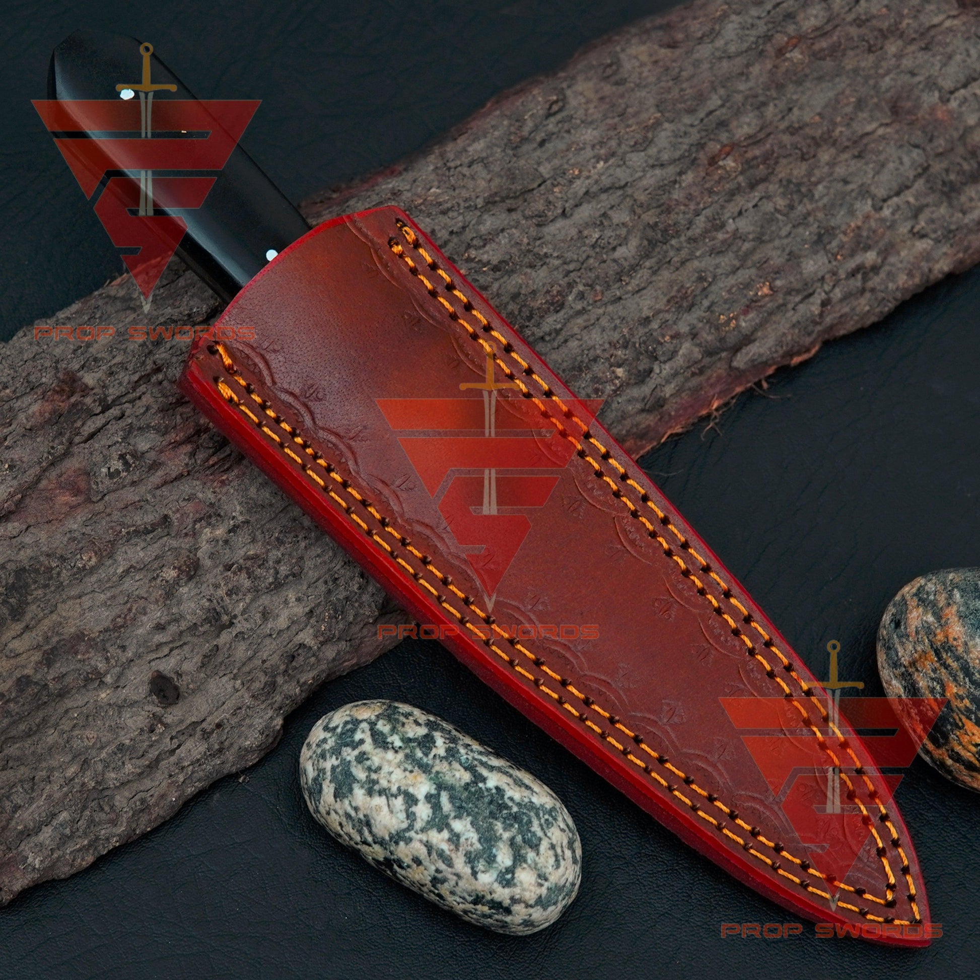 Elegant Handcrafted Damascus Knife with Rosewood and Camel Bone Handle, Complete with Pure Leather Sheath - Ideal Gift for Him - propswords