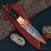 Elegant Handcrafted Damascus Knife with Rosewood and Camel Bone Handle, Complete with Pure Leather Sheath - Ideal Gift for Him - propswords