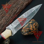 Elegant Handcrafted Damascus Knife with Rosewood and Camel Bone Handle, Complete with Pure Leather Sheath - Ideal Gift for Him - propswords