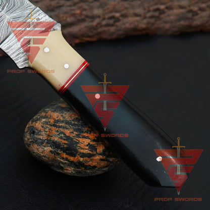 Elegant Handcrafted Damascus Knife with Rosewood and Camel Bone Handle, Complete with Pure Leather Sheath - Ideal Gift for Him - propswords