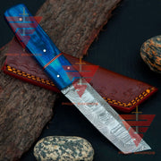 Masterfully Crafted Damascus Steel Tanto Point Hunting Knife with Stunning Handle and Leather Sheath – An Unparalleled Gift for Him