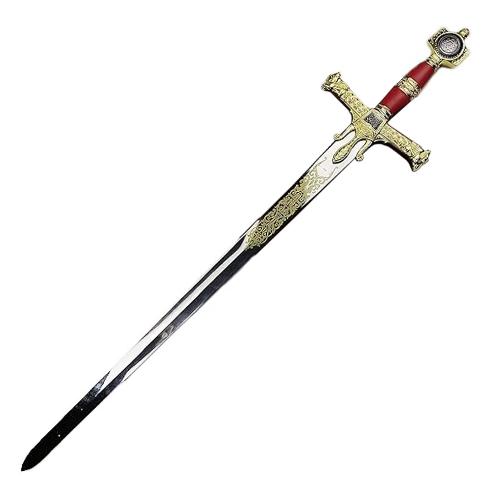 King Solomon Sword replica with engraved blade, royal gold hilt, biblical medieval collectible weapon