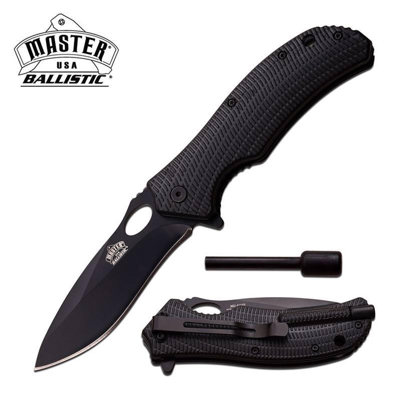 Ballistic Tactical Black Rescue Spring Assist Knife With Fire Starter - propswords