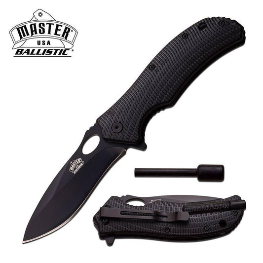 Ballistic Tactical Black Rescue Spring Assist Knife With Fire Starter - propswords