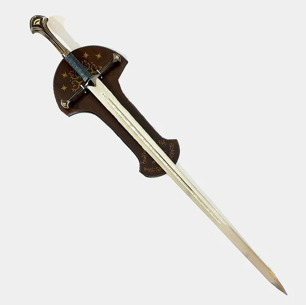 Narsil sword collectible replica with engraved blade, scabbard, and wall mount display, inspired by Lord of the Rings Middle-earth fantasy weapon