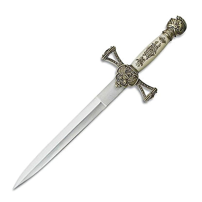 Roman Templar-style dagger with a double-edged blade and ornate hilt, displayed to showcase its historical and decorative design.