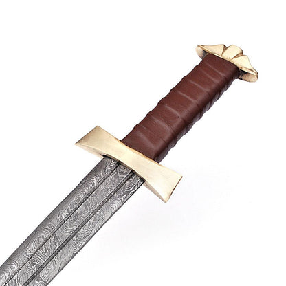 Handmade Damascus Steel Viking Warrior Sword With Leather Sheath - propswords