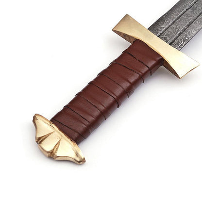 Handmade Damascus Steel Viking Warrior Sword With Leather Sheath - propswords