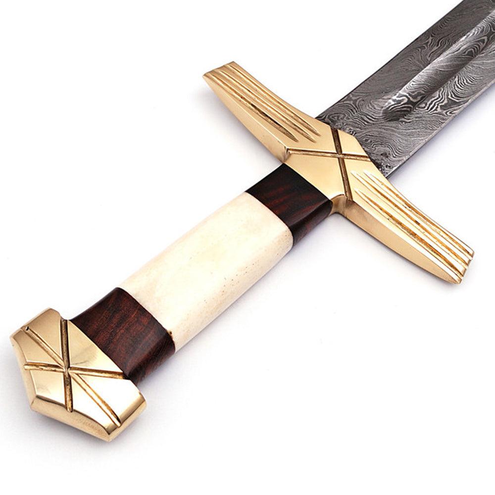 Handmade Damascus Steel Formidable King Pattern Viking Sword With Leather Sheath - propswords