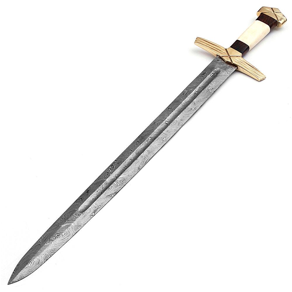 Handmade Damascus Steel Formidable King Pattern Viking Sword With Leather Sheath - propswords